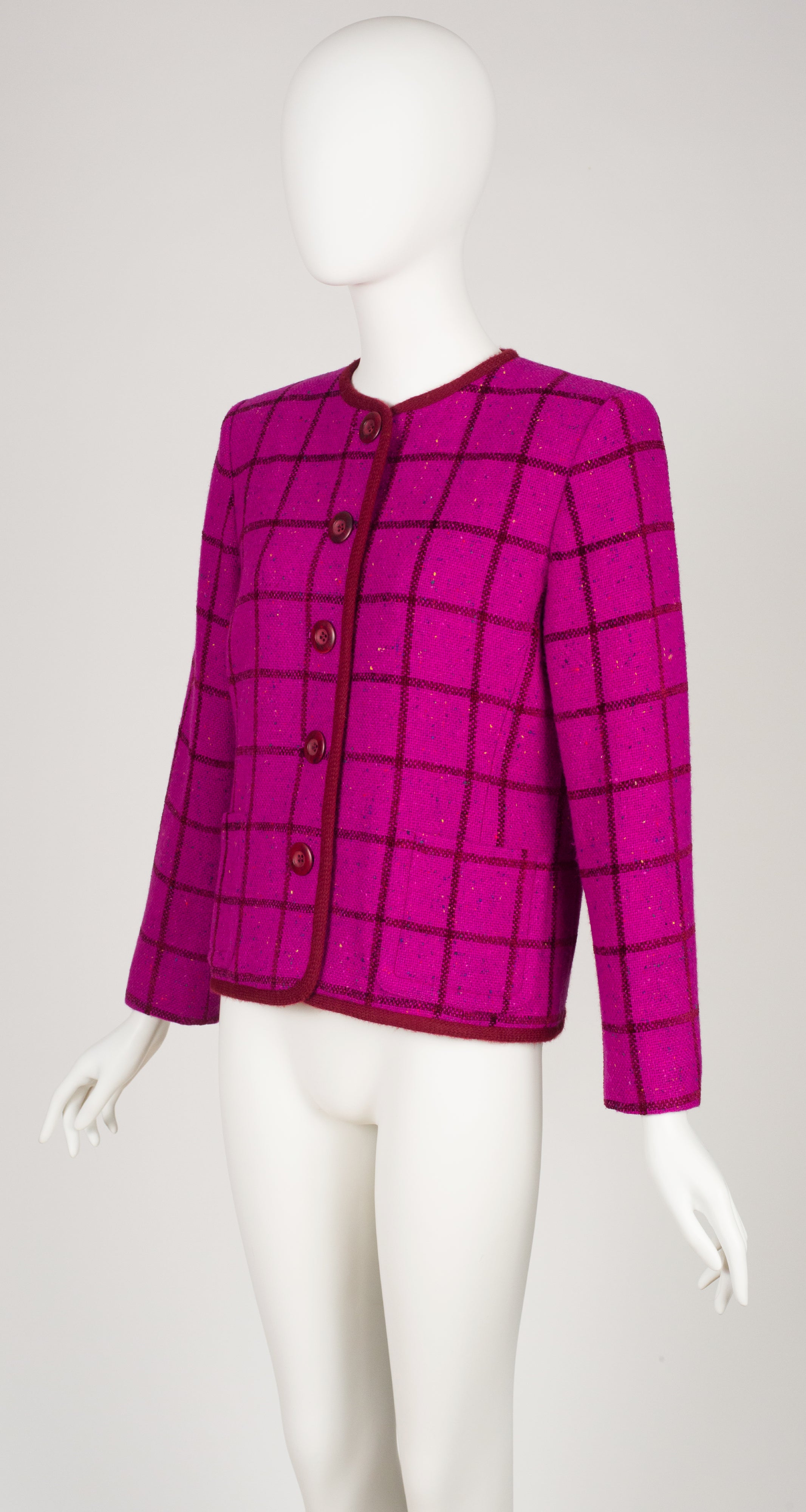 1990s Plaid Magenta Wool Bouclé Jacket
