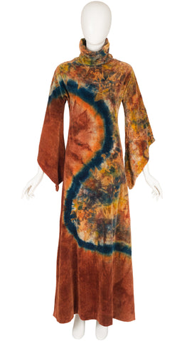 1970s Tie-Dye Cotton Velour Angel Sleeve Maxi Dress
