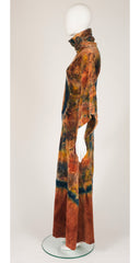 1970s Tie-Dye Cotton Velour Angel Sleeve Maxi Dress