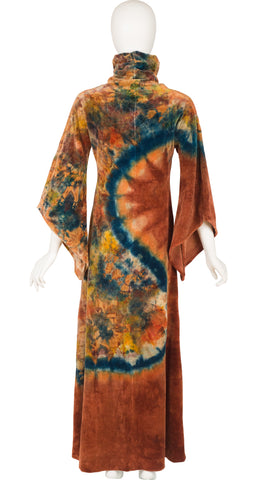 1970s Tie-Dye Cotton Velour Angel Sleeve Maxi Dress