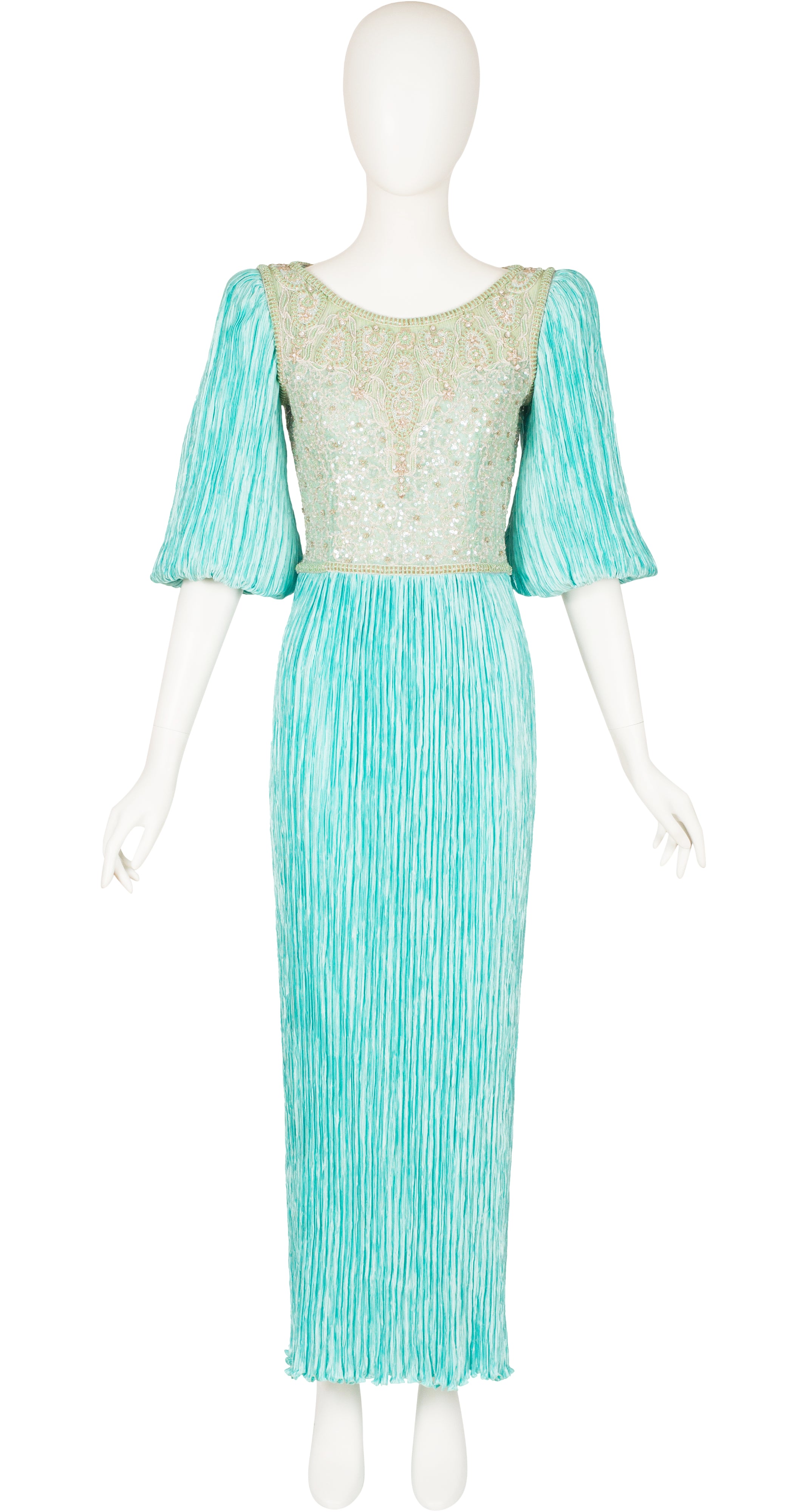 1980s Beaded Bodice Turquoise Fortuny Pleat Gown