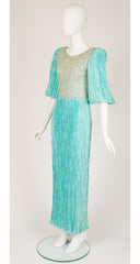1980s Beaded Bodice Turquoise Fortuny Pleat Gown