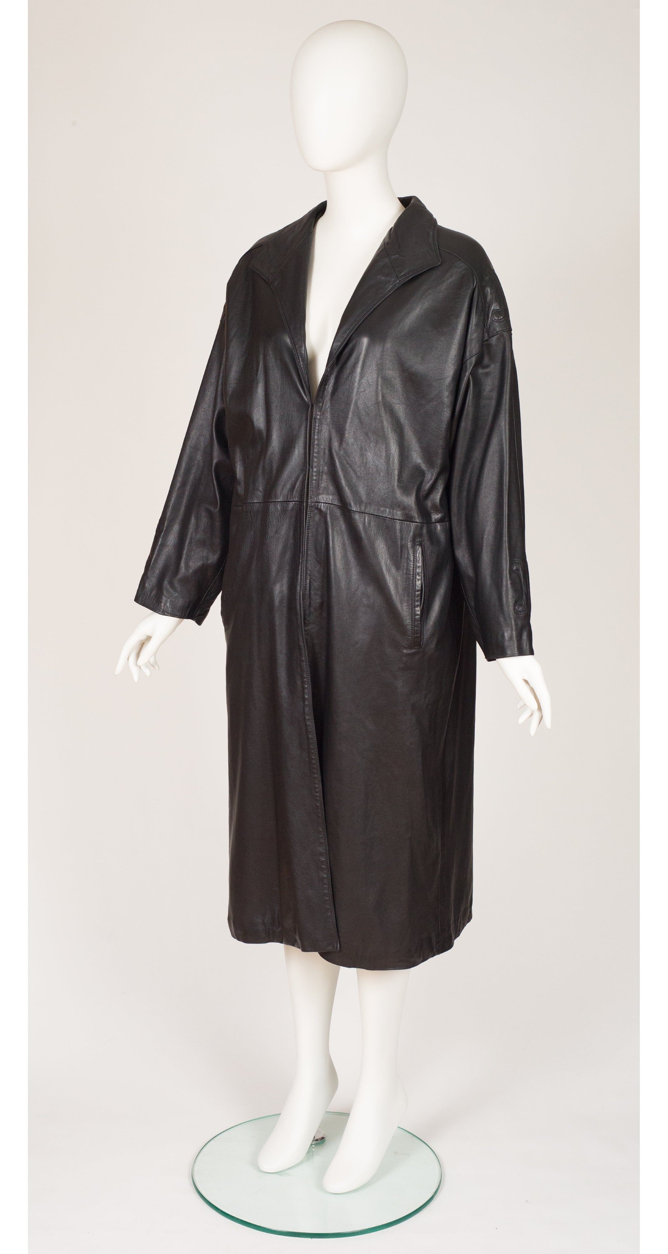 1980s Logo Sleeve Black Leather Collared Coat