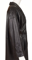 1980s Logo Sleeve Black Leather Collared Coat