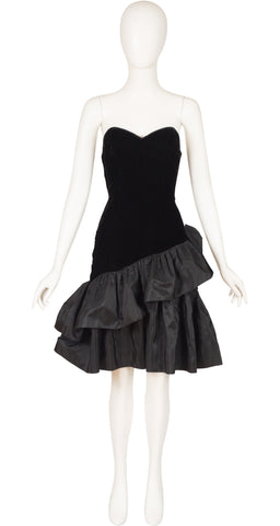 1980s Black Velvet & Taffeta Ruffle Cocktail Dress