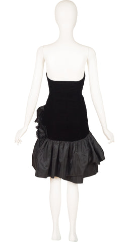 1980s Black Velvet & Taffeta Ruffle Cocktail Dress