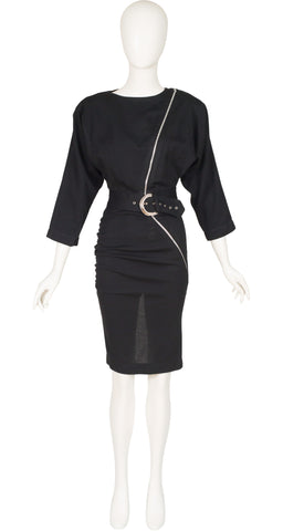 1980s Black Wool Jersey Silver Metal Zip Dress