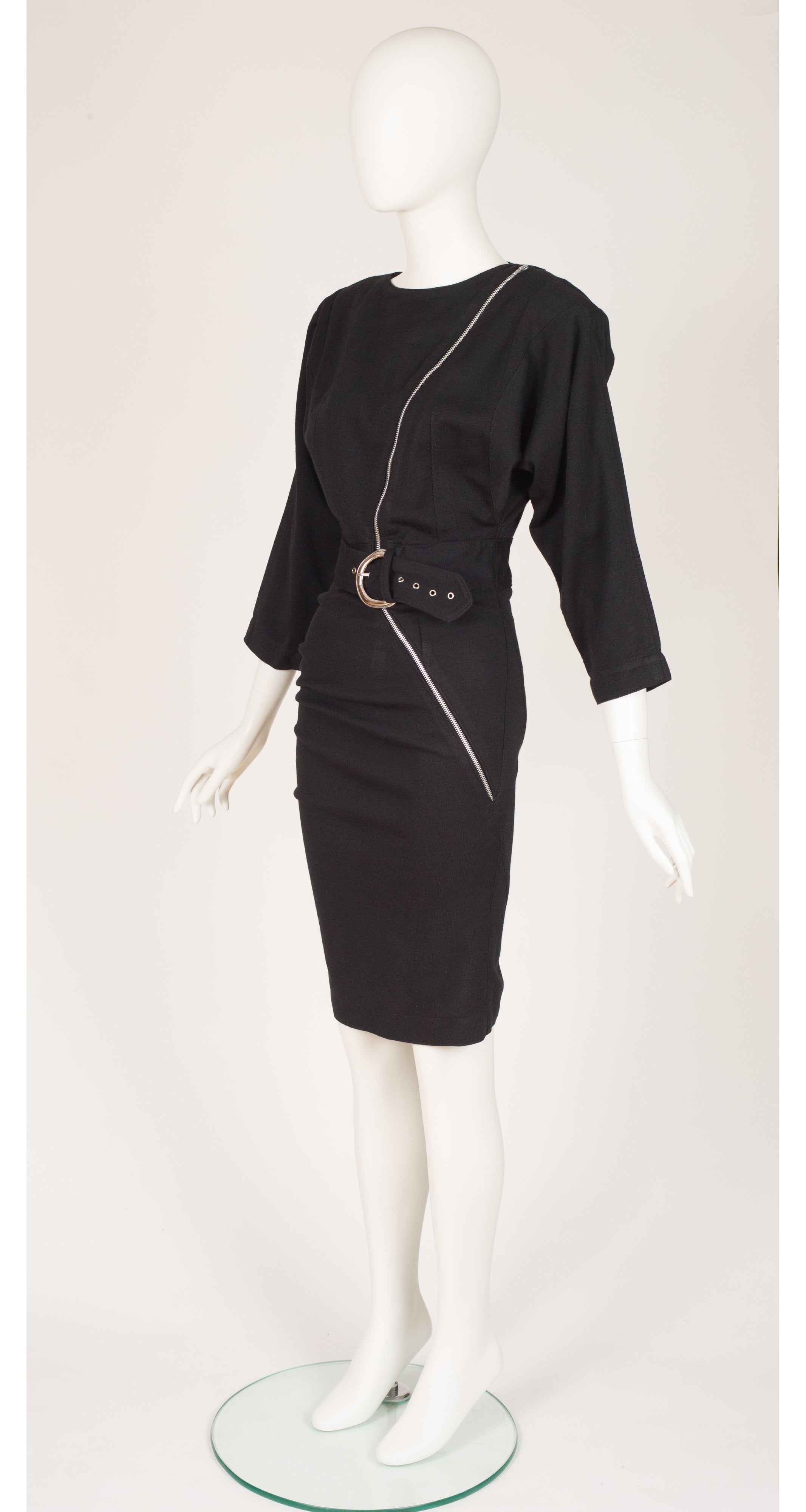 1980s Black Wool Jersey Silver Metal Zip Dress