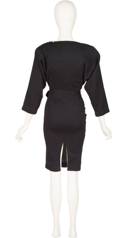 1980s Black Wool Jersey Silver Metal Zip Dress