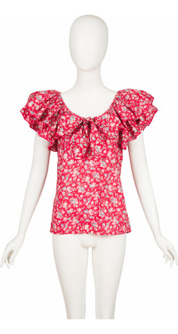 1982 S/S Red Floral Cotton Ruffle Collar Top