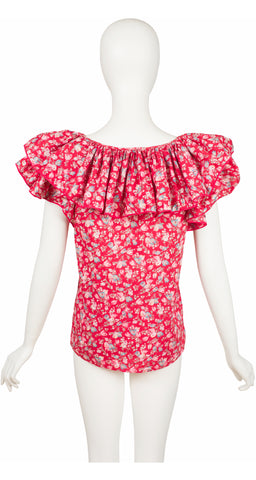 1982 S/S Red Floral Cotton Ruffle Collar Top