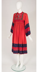 1970s Embroidered Red Indian Rayon Floral Trim Dress