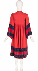 1970s Embroidered Red Indian Rayon Floral Trim Dress