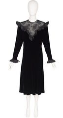 1980s Black Lace & Velvet Ruffle Collar Evening Dress