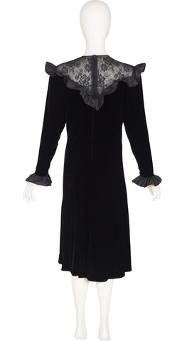 1980s Black Lace & Velvet Ruffle Collar Evening Dress