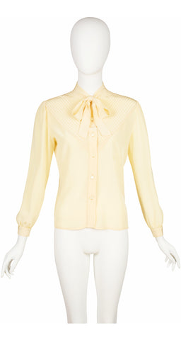 1970s Pintuck Pale Yellow Silk Tie-Neck Blouse