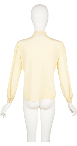 1970s Pintuck Pale Yellow Silk Tie-Neck Blouse