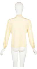 1970s Pintuck Pale Yellow Silk Tie-Neck Blouse