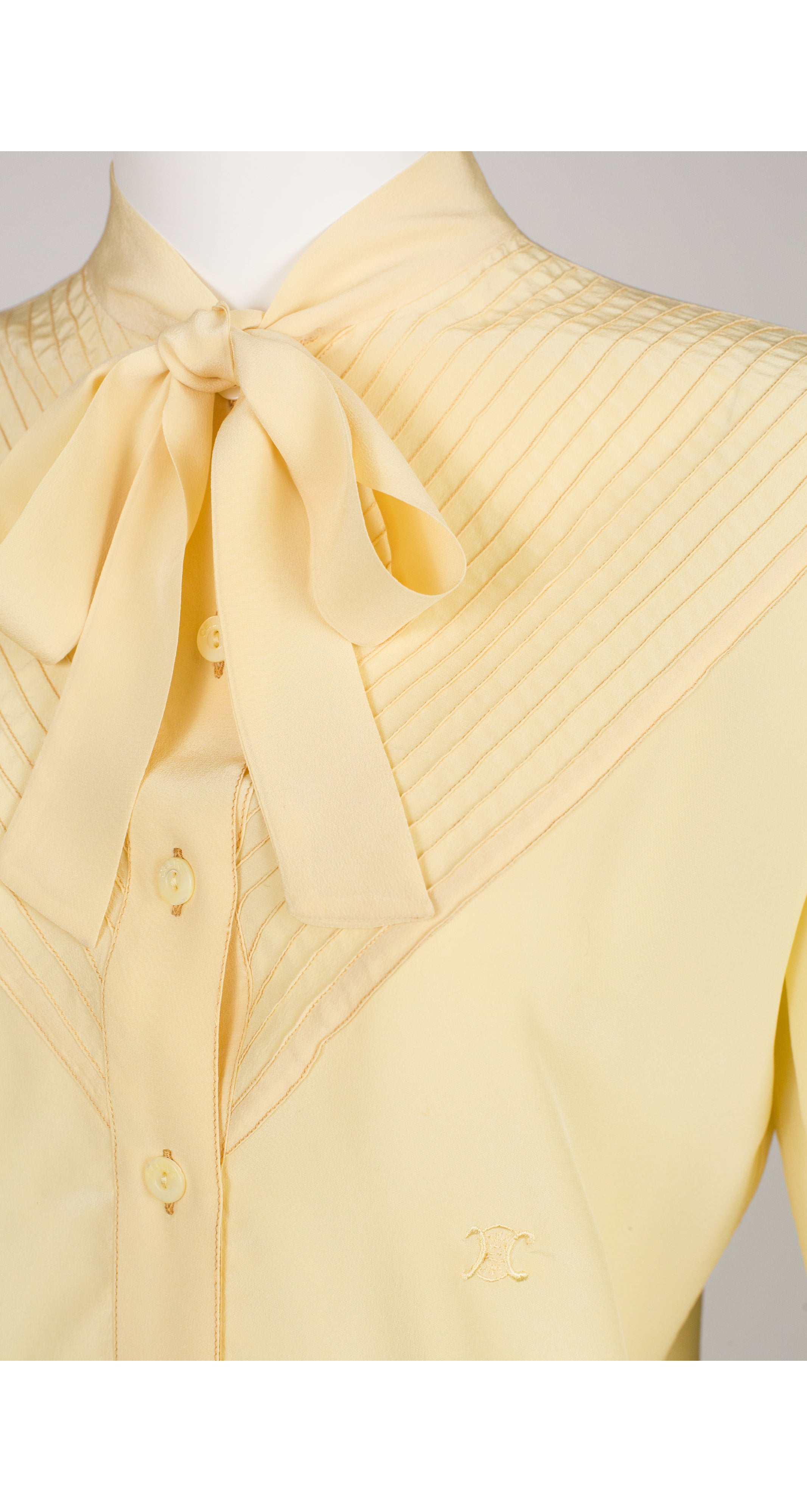 1970s Pintuck Pale Yellow Silk Tie-Neck Blouse