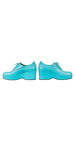 Turquoise Leather Lace-Up Platform Shoes