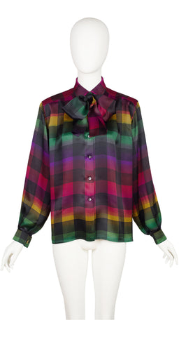 1980s Rainbow Plaid Silk Tie-Neck Collared Blouse
