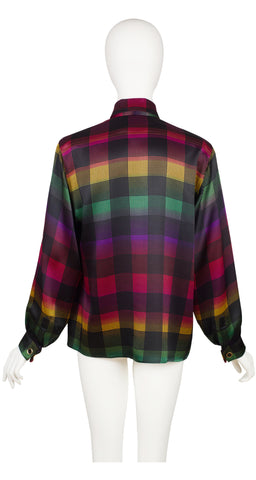 1980s Rainbow Plaid Silk Tie-Neck Collared Blouse