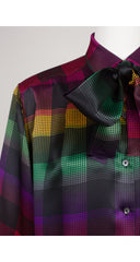 1980s Rainbow Plaid Silk Tie-Neck Collared Blouse