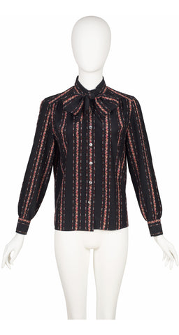 1970s Paisley Print Black Silk Tie-Neck Blouse