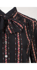 1970s Paisley Print Black Silk Tie-Neck Blouse