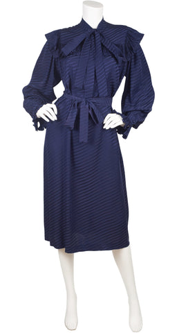 1980s Navy Silk Ruffle Neck Tie Dress