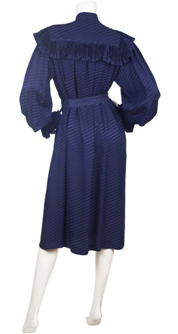 1980s Navy Silk Ruffle Neck Tie Dress