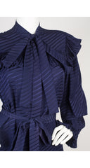 1980s Navy Silk Ruffle Neck Tie Dress