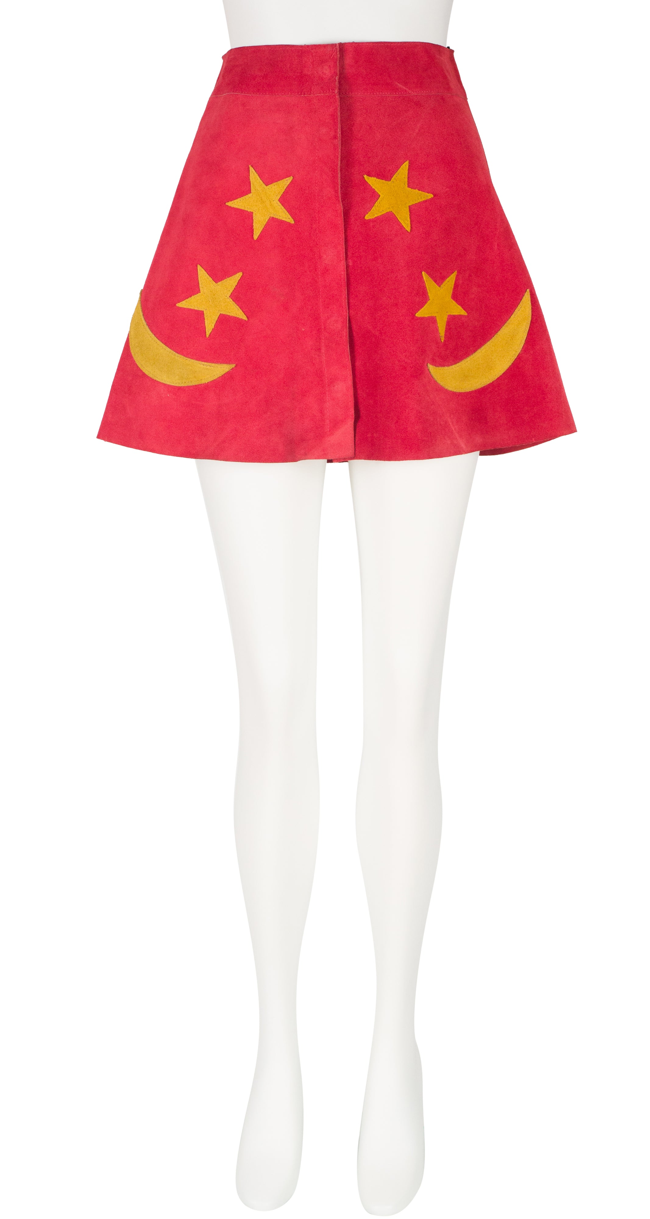 1970s Celestial Red & Yellow Suede Mini Skirt