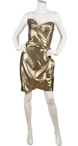 1980s Draped Gold Silk Lamé Bustier Dress