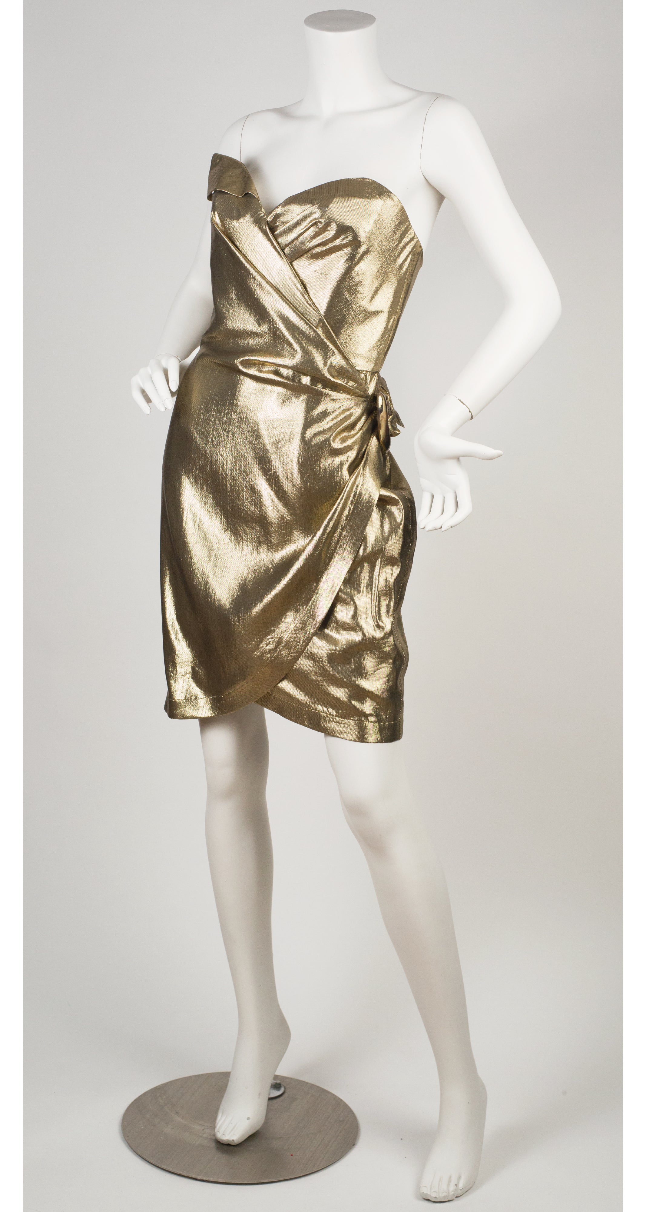 1990s Draped Gold Silk Lamé Bustier Dress