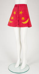 1970s Celestial Red & Yellow Suede Mini Skirt