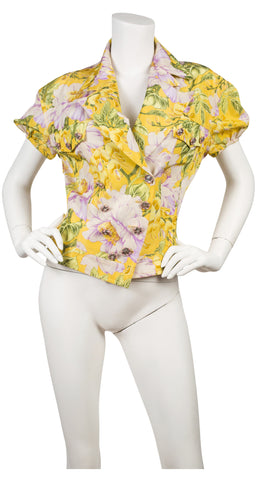 2000s Peony Floral Yellow Silk Short-Sleeve Jacket