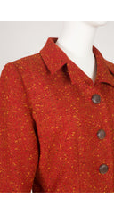 1990s Herringbone Bouclé Wool Collared Skirt Suit