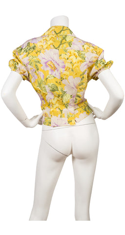 2000s Peony Floral Yellow Silk Short-Sleeve Jacket
