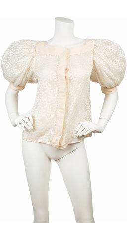 1970s Embroidered White Organza Puff Sleeve Blouse