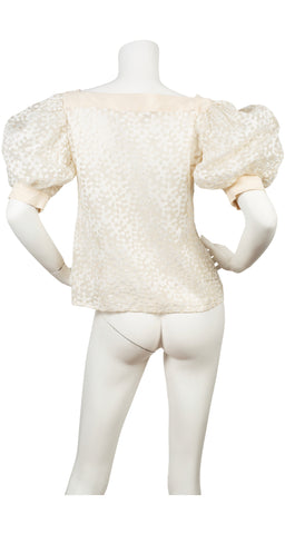 1970s Embroidered White Organza Puff Sleeve Blouse