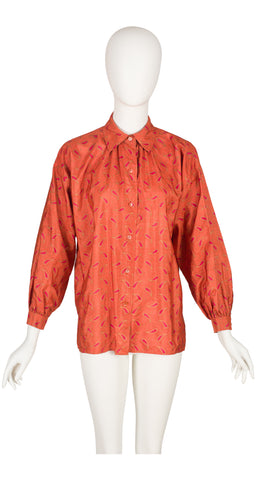 1981 S/S Metallic Paisley Terracota Raw Silk Blouse & Skirt Set