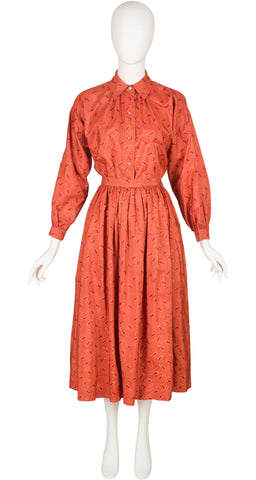1981 S/S Metallic Paisley Terracota Raw Silk Blouse & Skirt Set