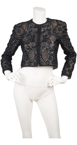 1980s Black Beaded Cropped Evening Jacket
