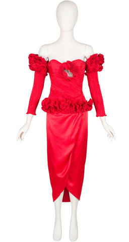 1980s NWT Red Off-the-Shoulder Ruffle Evening Dress