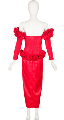 1980s NWT Red Off-the-Shoulder Ruffle Evening Dress