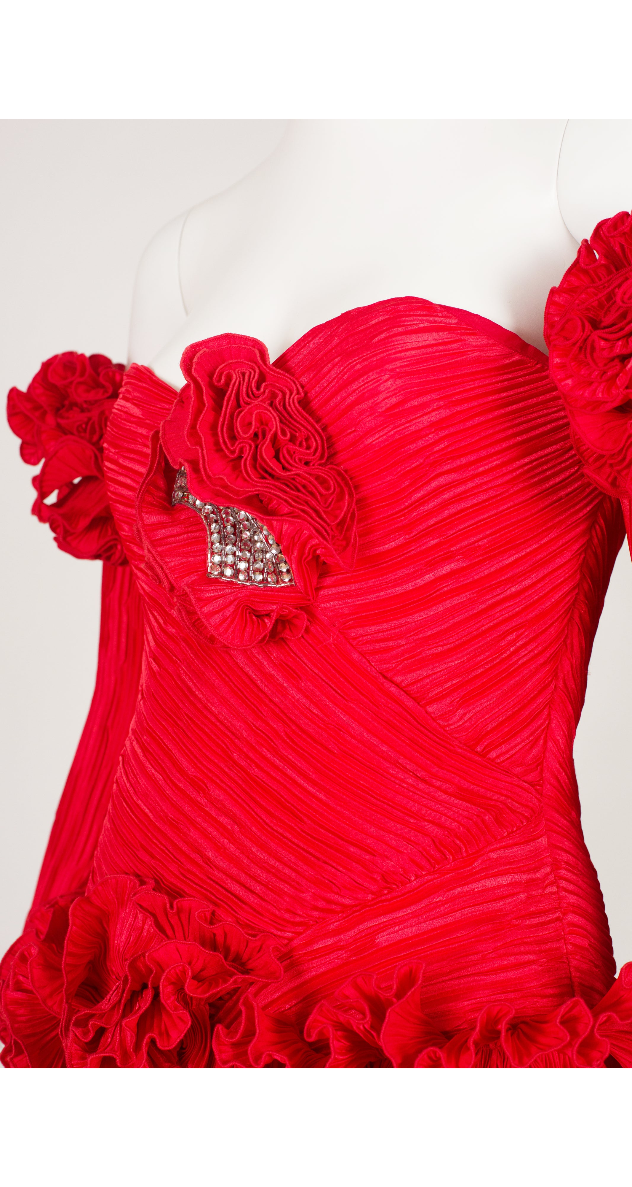 1980s NWT Red Off-the-Shoulder Ruffle Evening Dress