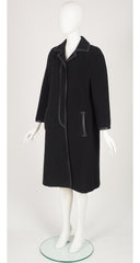 1970s Black Wool Leather Trimmed Collared Coat