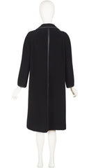 1970s Black Wool Leather Trimmed Collared Coat
