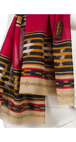 1980s Red Ikat Print Long Wool Scarf